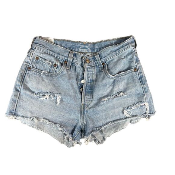 Levi’s 501 Light Wash Distressed Heavily Frayed Denim Cut Off  Shorts - Picture 1 of 9